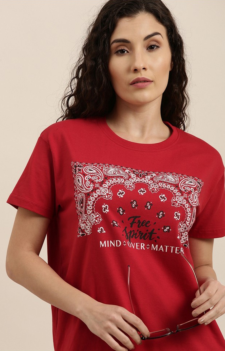 Difference of Opinion | Women's Red Cotton Graphic Printed Oversized T-Shirt 2
