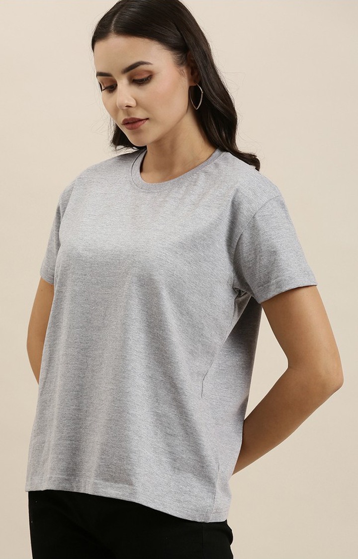 Women's Grey Melange Textured  Cotton Graphics Regular T-Shirt