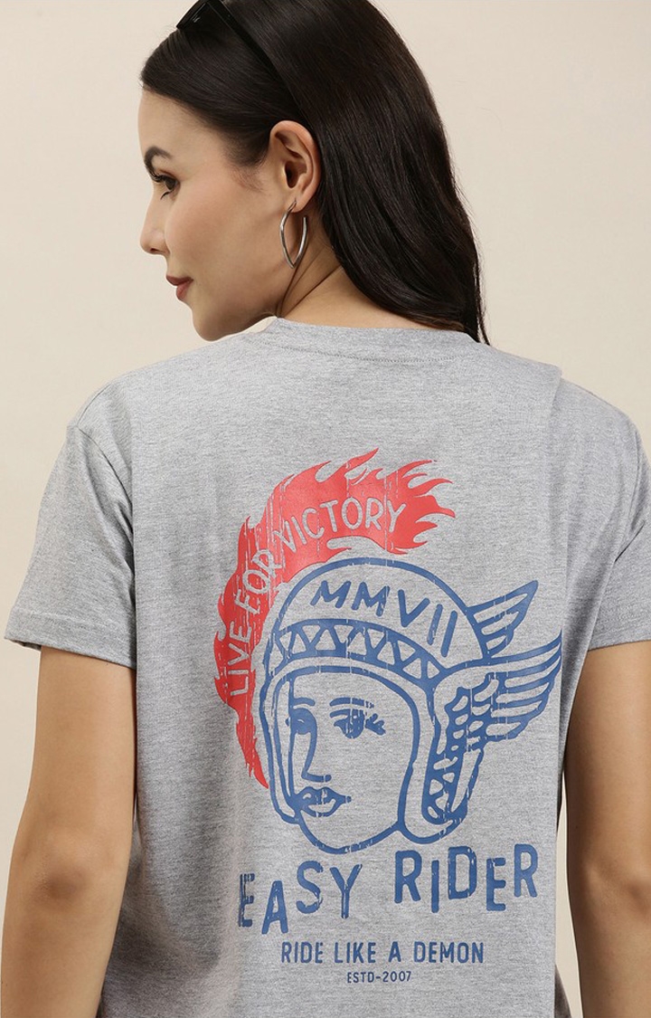 Women's Grey Melange Textured  Cotton Graphics Regular T-Shirt