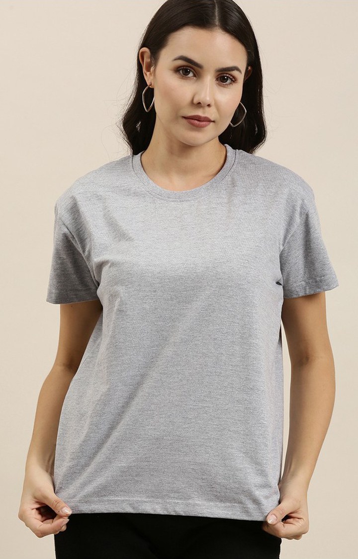 Women's Grey Melange Textured  Cotton Graphics Regular T-Shirt