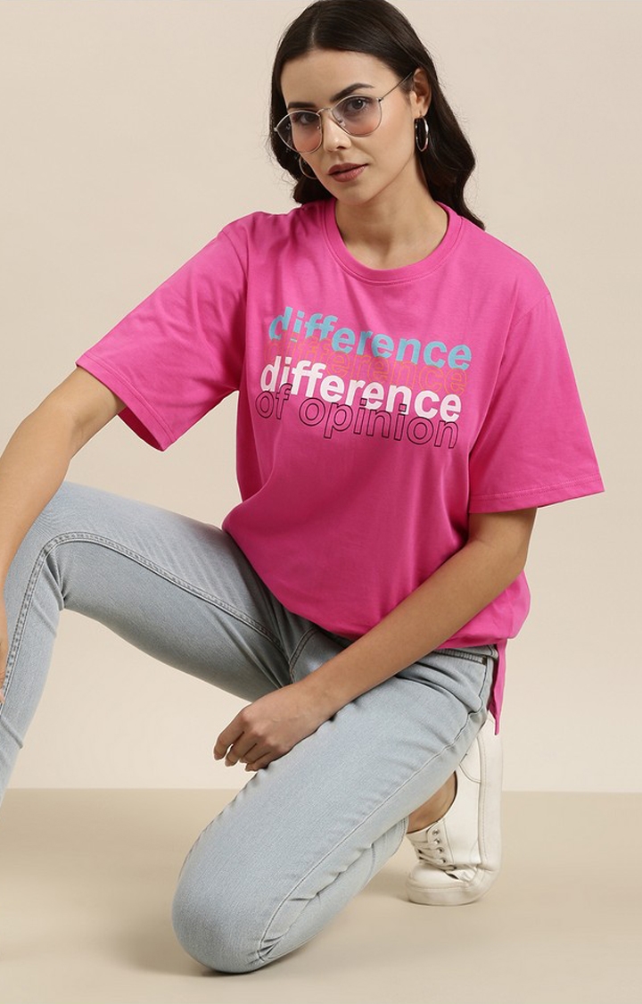 Difference of Opinion | Women's Fuchsia Rose Cotton Typographic Printed Oversized T-Shirt 1