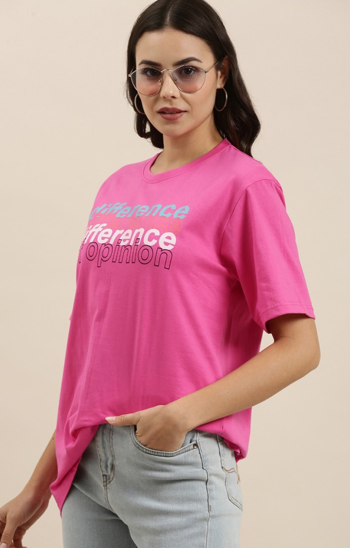 Difference of Opinion | Women's Fuchsia Rose Cotton Typographic Printed Oversized T-Shirt 0