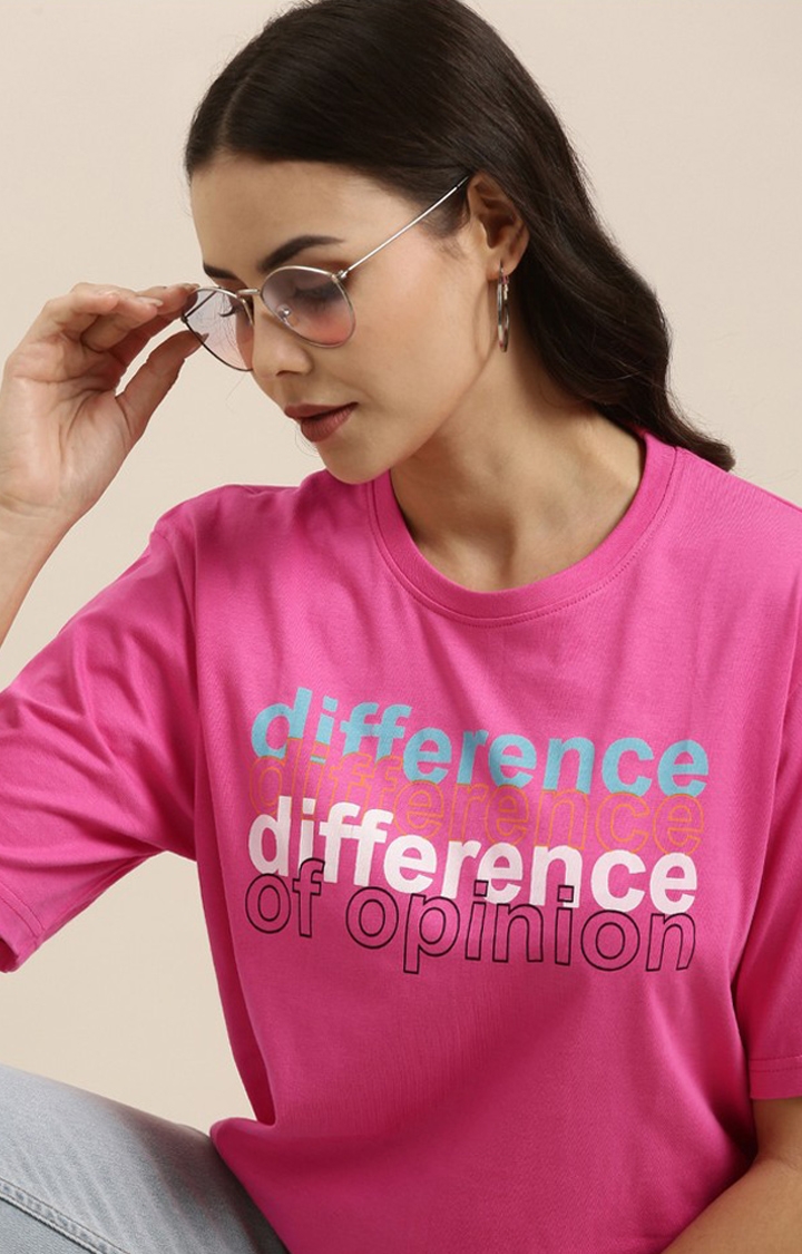 Difference of Opinion | Women's Fuchsia Rose Cotton Typographic Printed Oversized T-Shirt 2