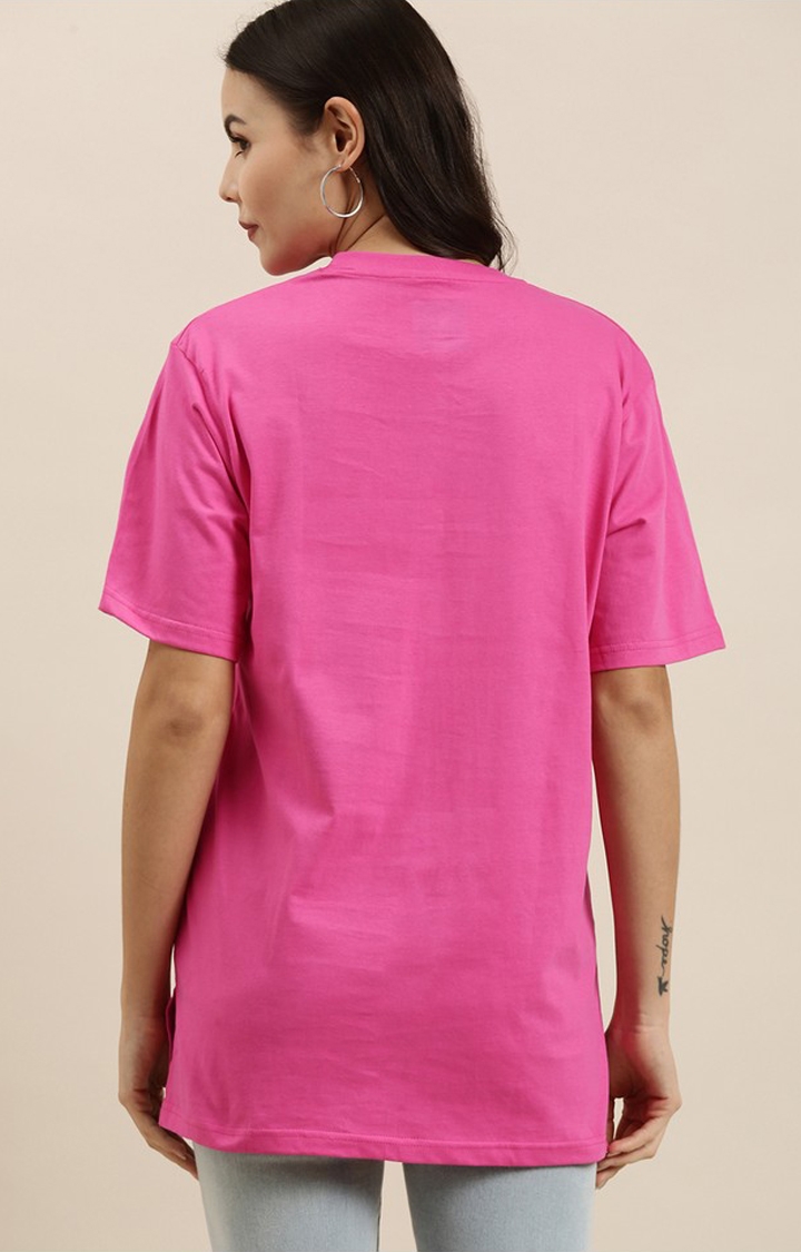 Difference of Opinion | Women's Fuchsia Rose Cotton Typographic Printed Oversized T-Shirt 3