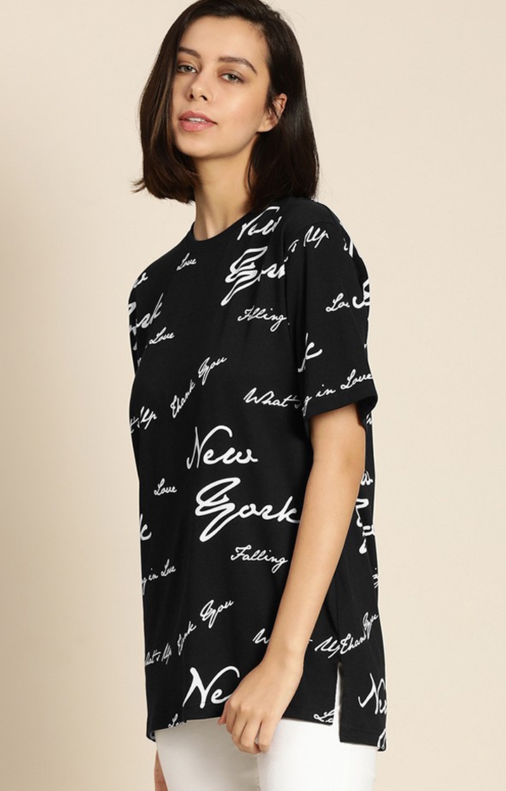 Difference of Opinion | Women's Black Cotton Typographic Printed Oversized T-Shirt 2