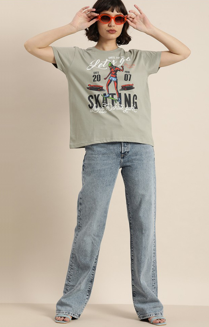 Women's Grey Cotton Graphic Printed Oversized T-Shirt