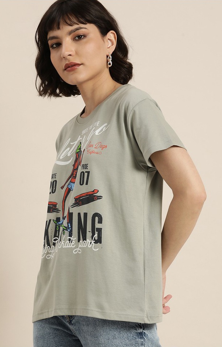 Women's Grey Cotton Graphic Printed Oversized T-Shirt