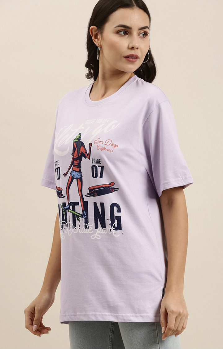 Women's Lilac Cotton Graphic Printed Oversized T-Shirt