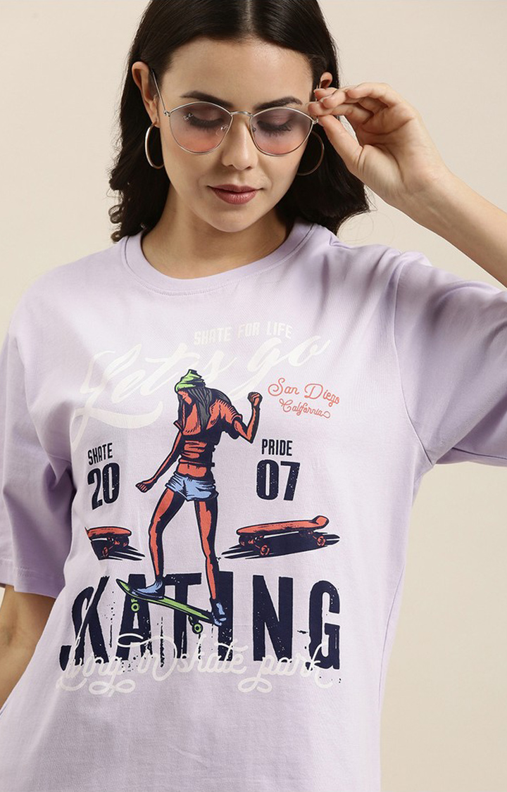 Women's Lilac Cotton Graphic Printed Oversized T-Shirt