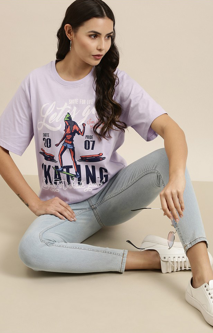 Women's Lilac Cotton Graphic Printed Oversized T-Shirt