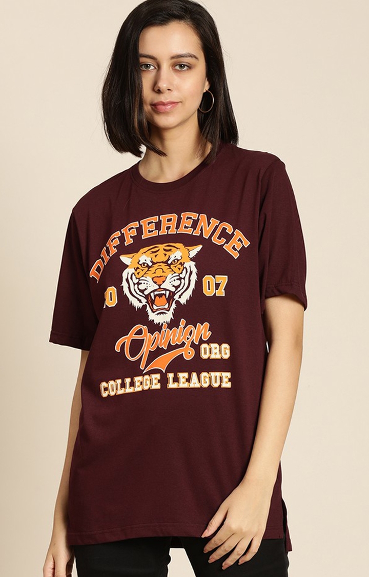 Difference of Opinion | Women's Wine Cotton Typographic Printed Oversized T-Shirt