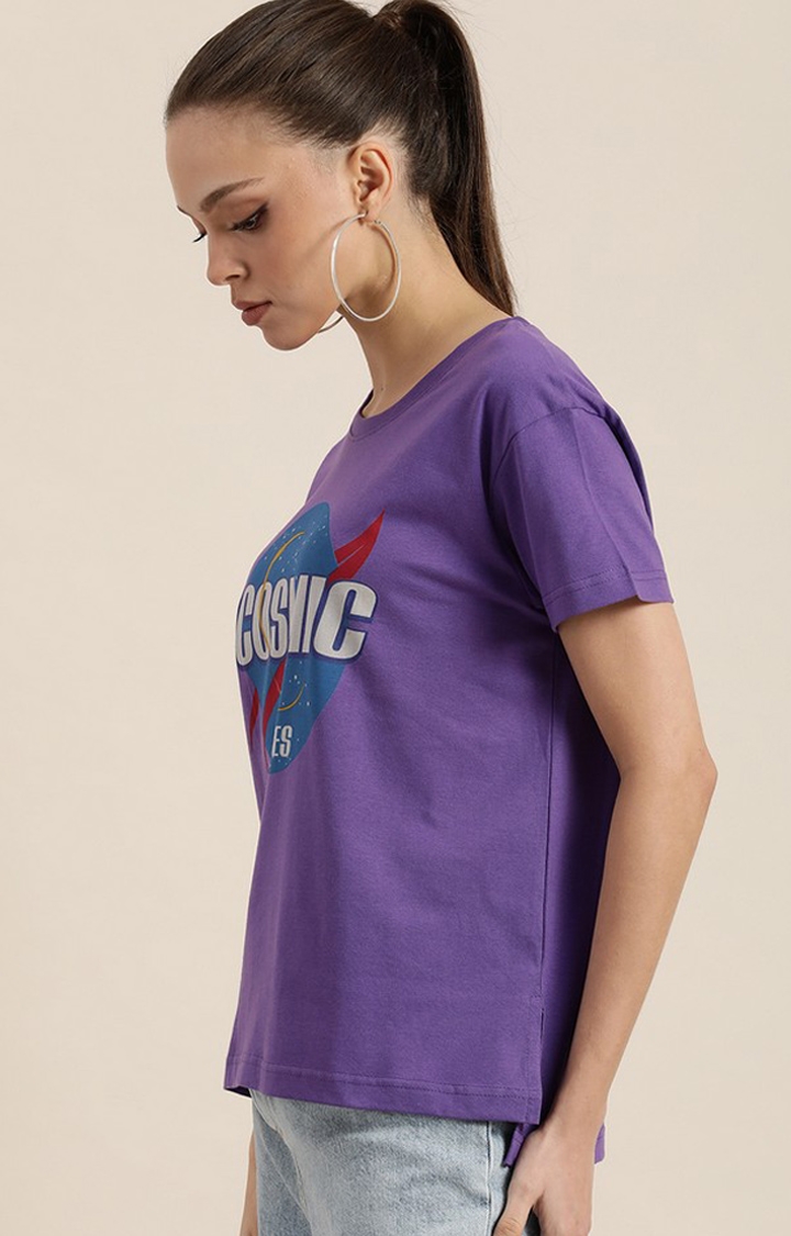 Women's Ultra Violet Cotton Typographic Printed Oversized T-Shirt