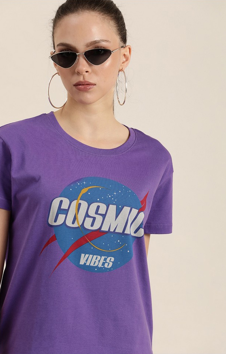 Difference of Opinion | Women's Ultra Violet Cotton Typographic Printed Oversized T-Shirt