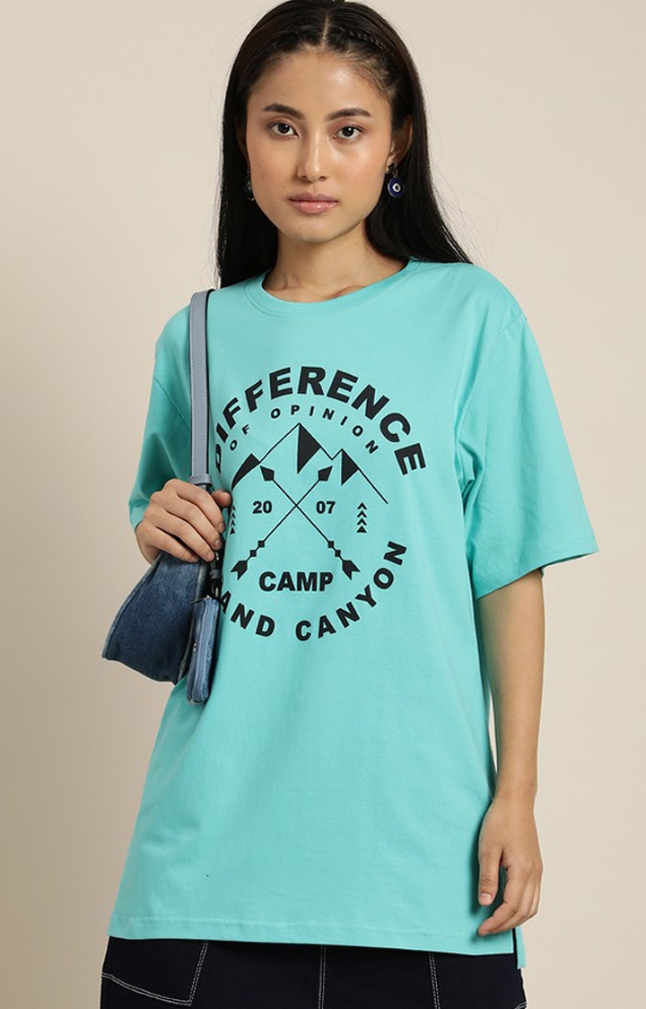 Difference of Opinion | Women's Turquoise Cotton Typographic Printed Oversized T-Shirt