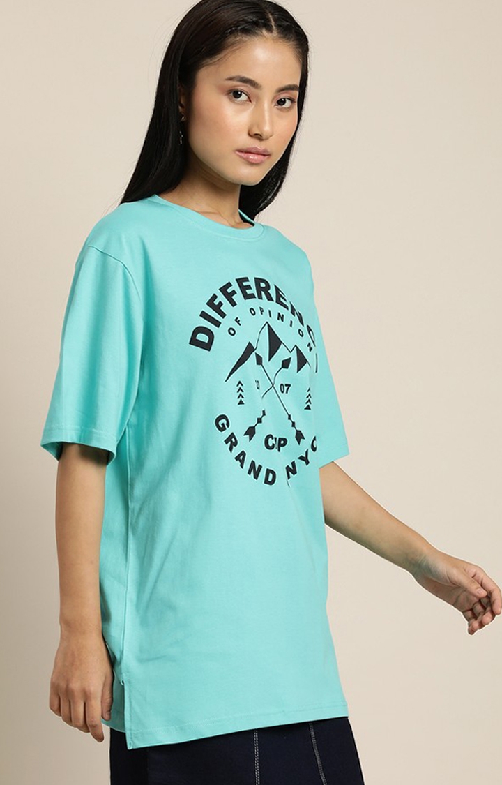 Women's Turquoise Cotton Typographic Printed Oversized T-Shirt