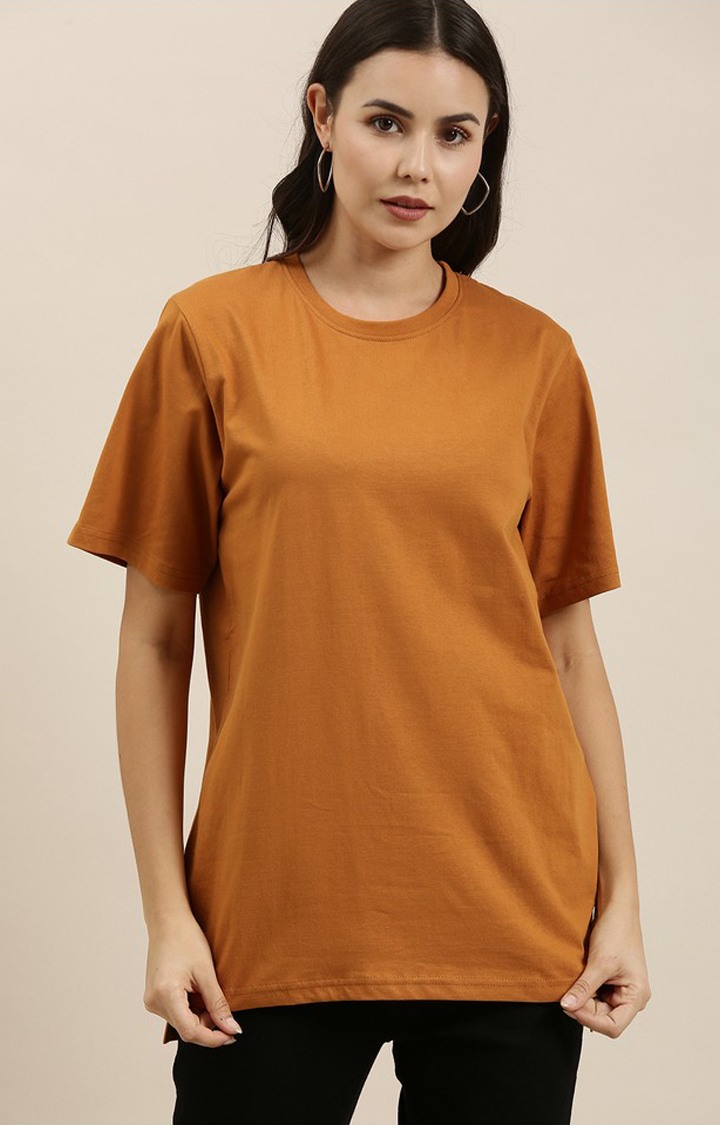 Women's Sudan Brown Cotton Solid Oversized T-Shirt