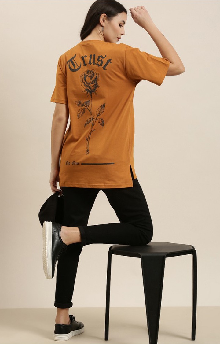 Women's Sudan Brown Cotton Solid Oversized T-Shirt