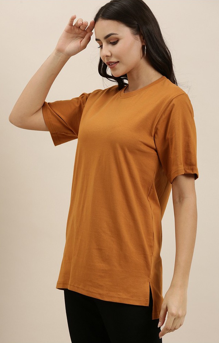 Women's Sudan Brown Cotton Solid Oversized T-Shirt