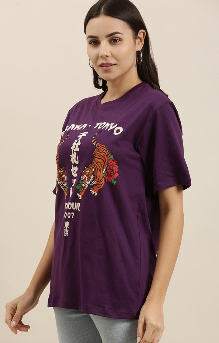 Difference of Opinion | Women's Grape Royale Cotton Graphic Printed Oversized T-Shirt