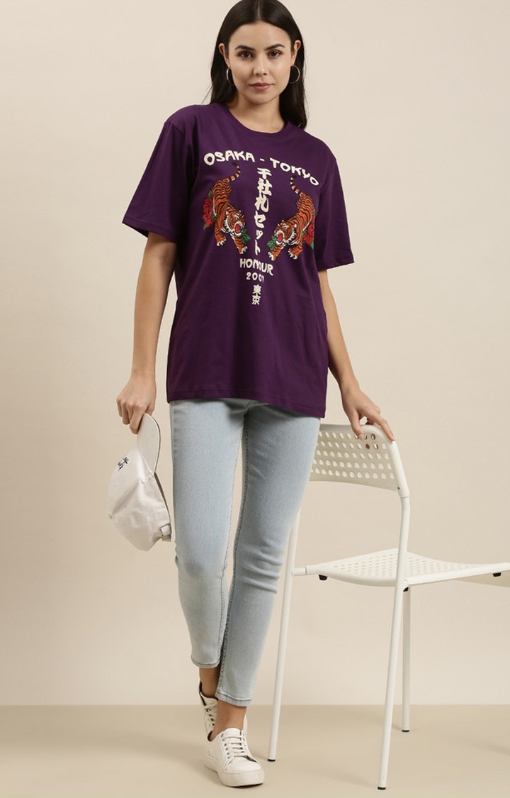 Difference of Opinion | Women's Grape Royale Cotton Graphic Printed Oversized T-Shirt 1