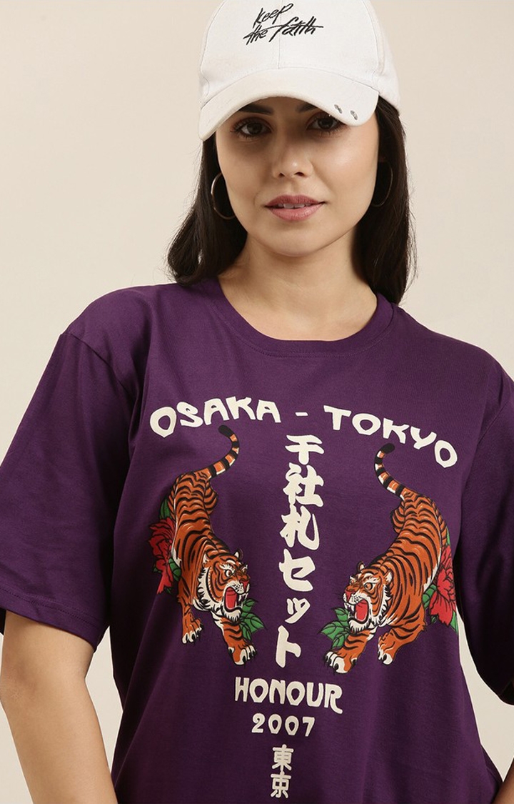 Difference of Opinion | Women's Grape Royale Cotton Graphic Printed Oversized T-Shirt 3