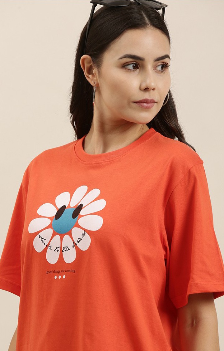 Women's Orange Cotton Graphic Printed Oversized T-Shirt