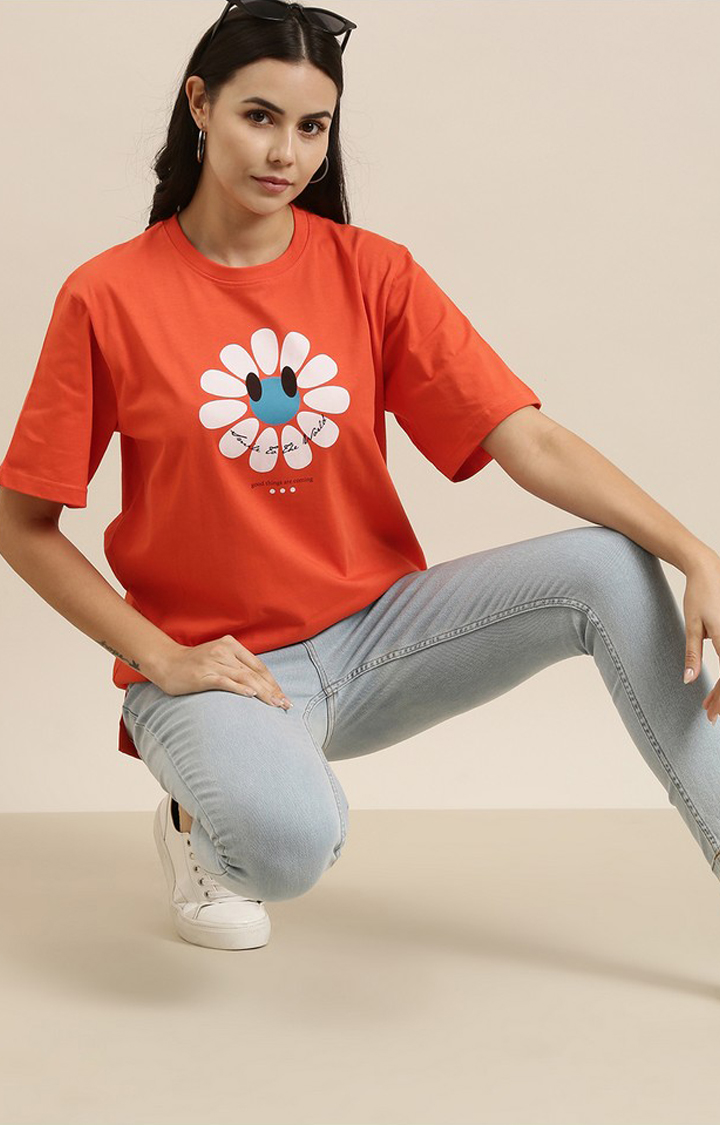 Women's Orange Cotton Graphic Printed Oversized T-Shirt