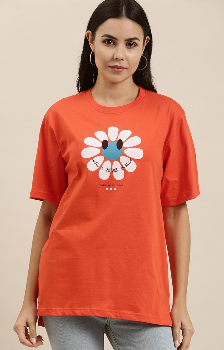 Women's Orange Cotton Graphic Printed Oversized T-Shirt