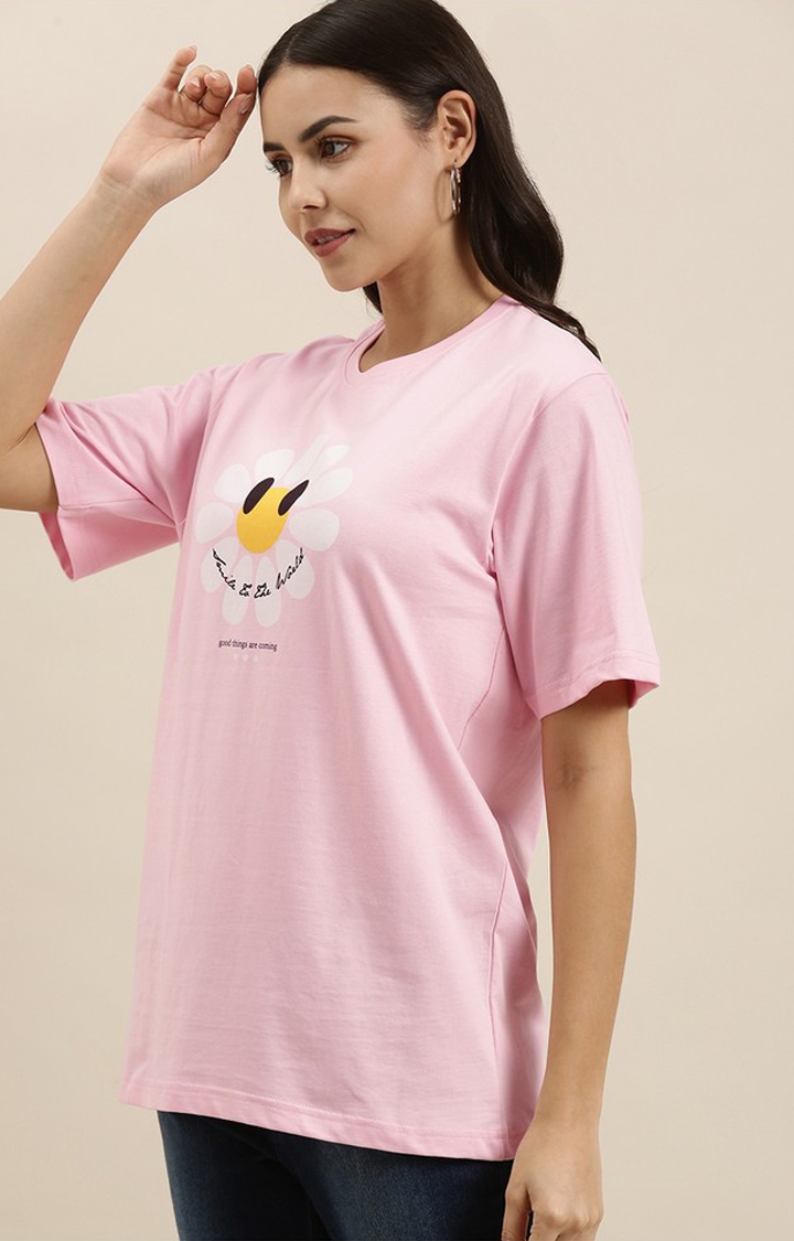 Difference of Opinion | Women's Pink Cotton Graphic Printed Oversized T-Shirt
