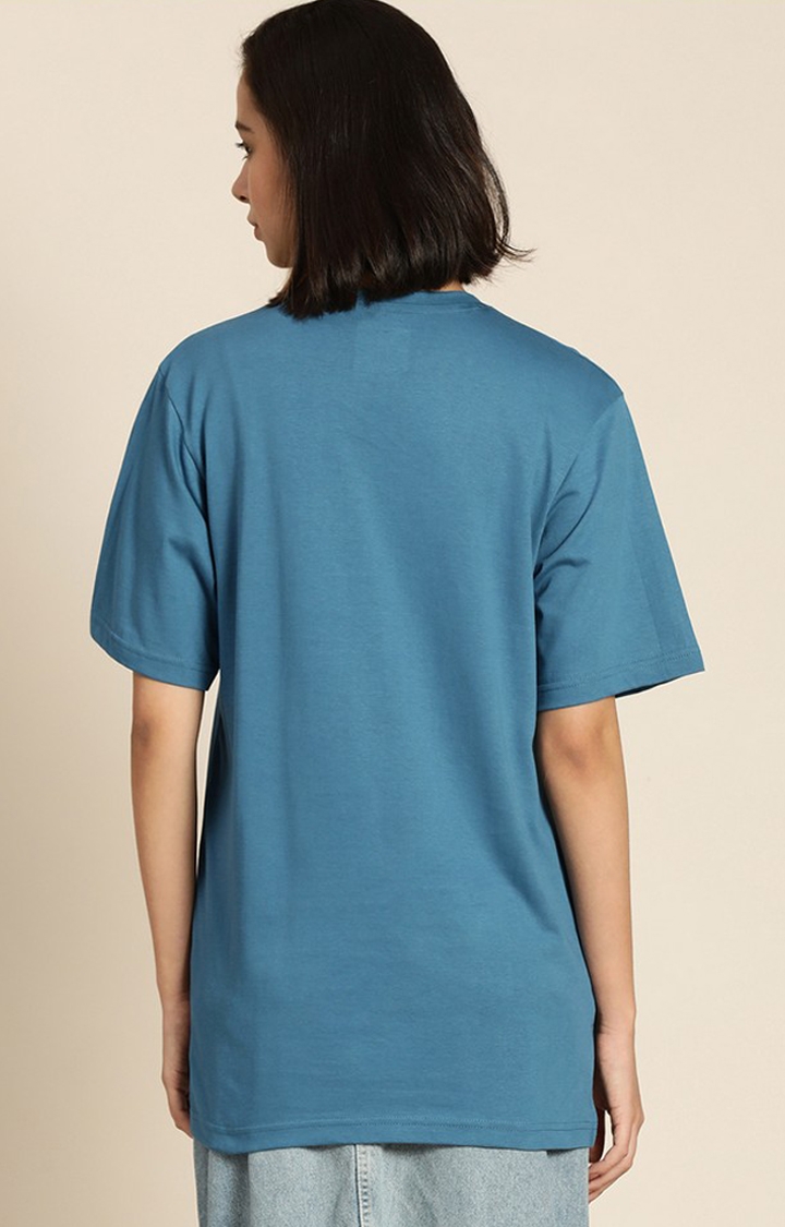 Women's Teal Blue Cotton Typographic Printed Oversized T-Shirt