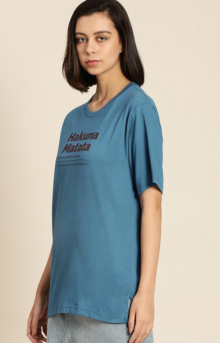 Women's Teal Blue Cotton Typographic Printed Oversized T-Shirt