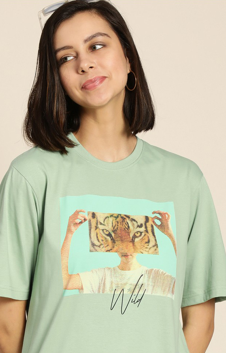 Women's P Green Cotton Graphic Printed Oversized T-Shirt