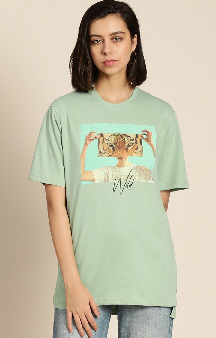Difference of Opinion | Women's P Green Cotton Graphic Printed Oversized T-Shirt