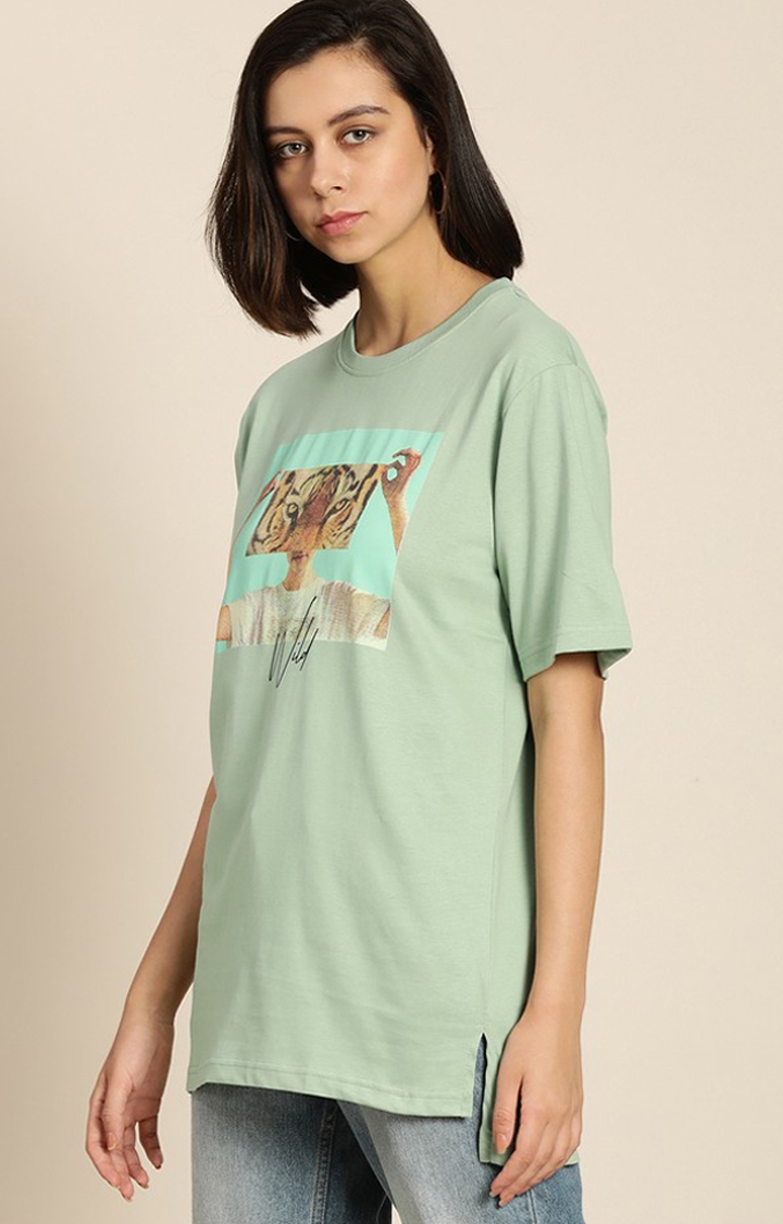 Women's P Green Cotton Graphic Printed Oversized T-Shirt