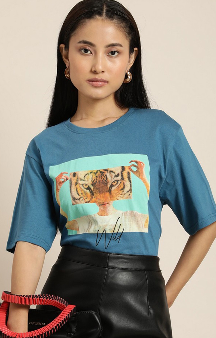 Difference of Opinion | Women's Teal Blue Cotton Graphic Printed Oversized T-Shirt 2