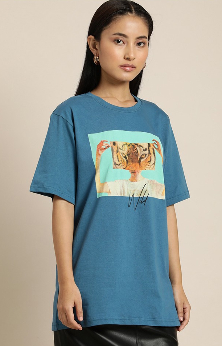 Difference of Opinion | Women's Teal Blue Cotton Graphic Printed Oversized T-Shirt 0