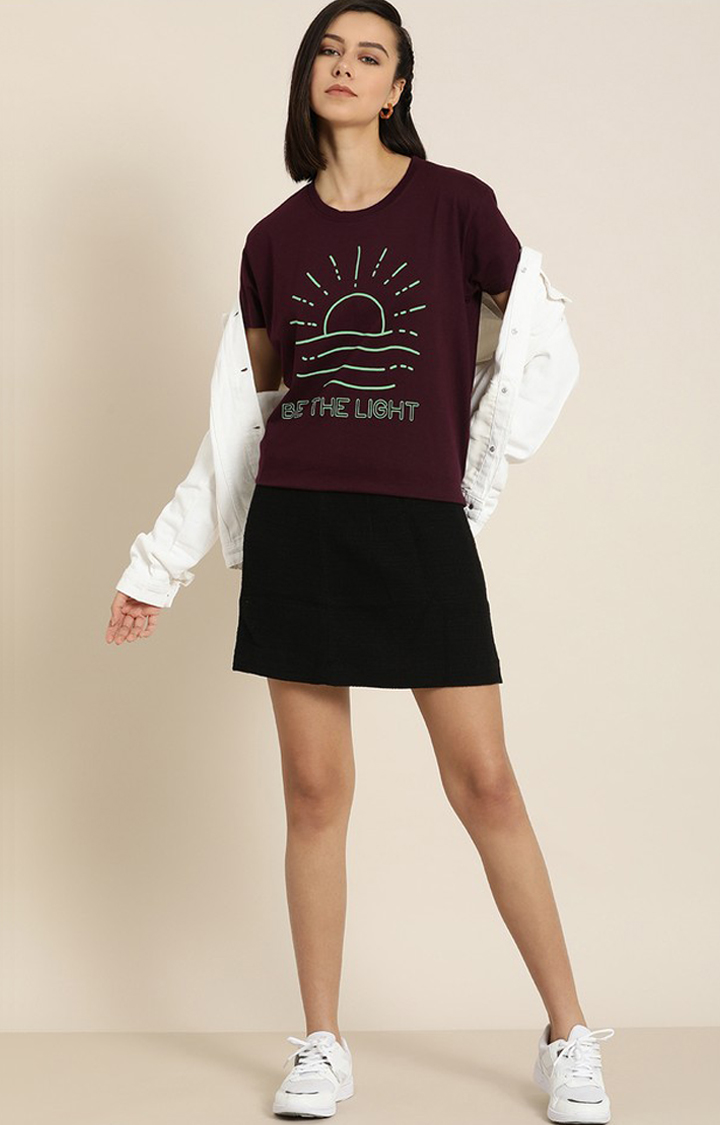 Women's Wine Cotton Graphic Printed Oversized T-Shirt