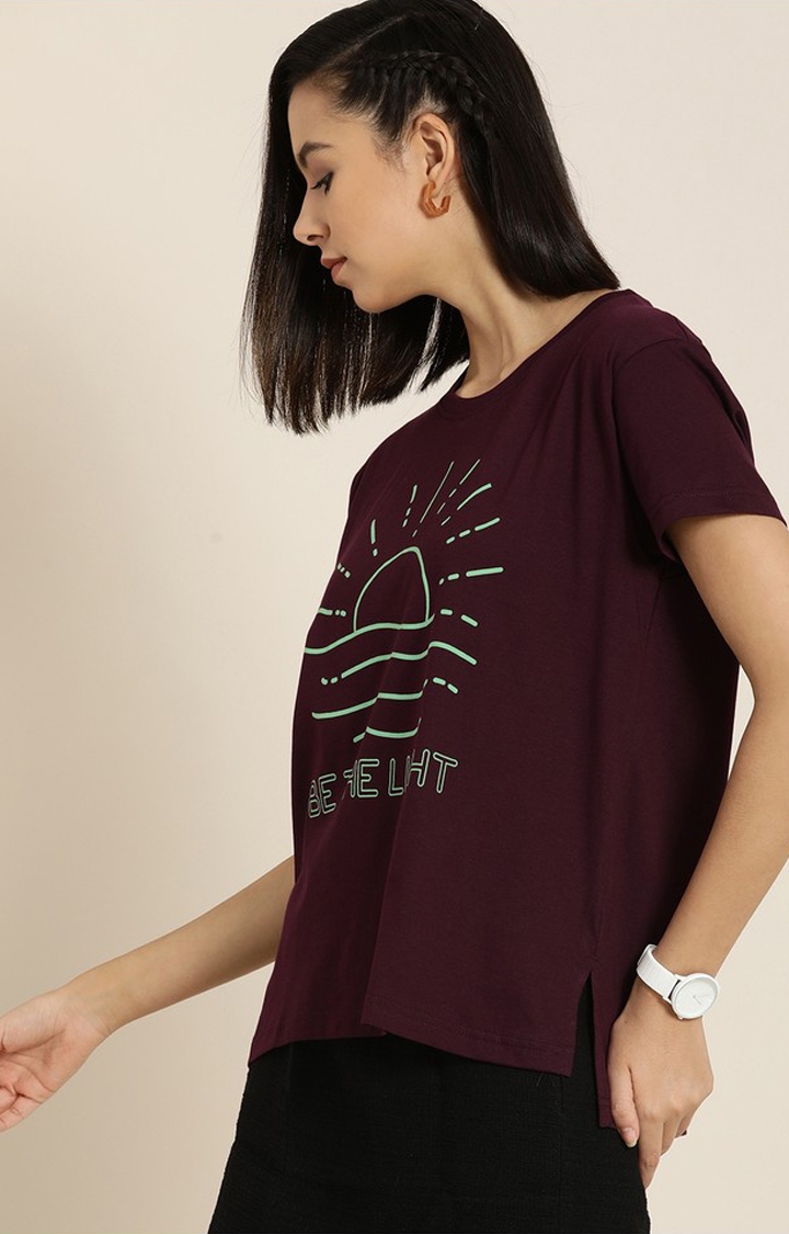 Women's Wine Cotton Graphic Printed Oversized T-Shirt