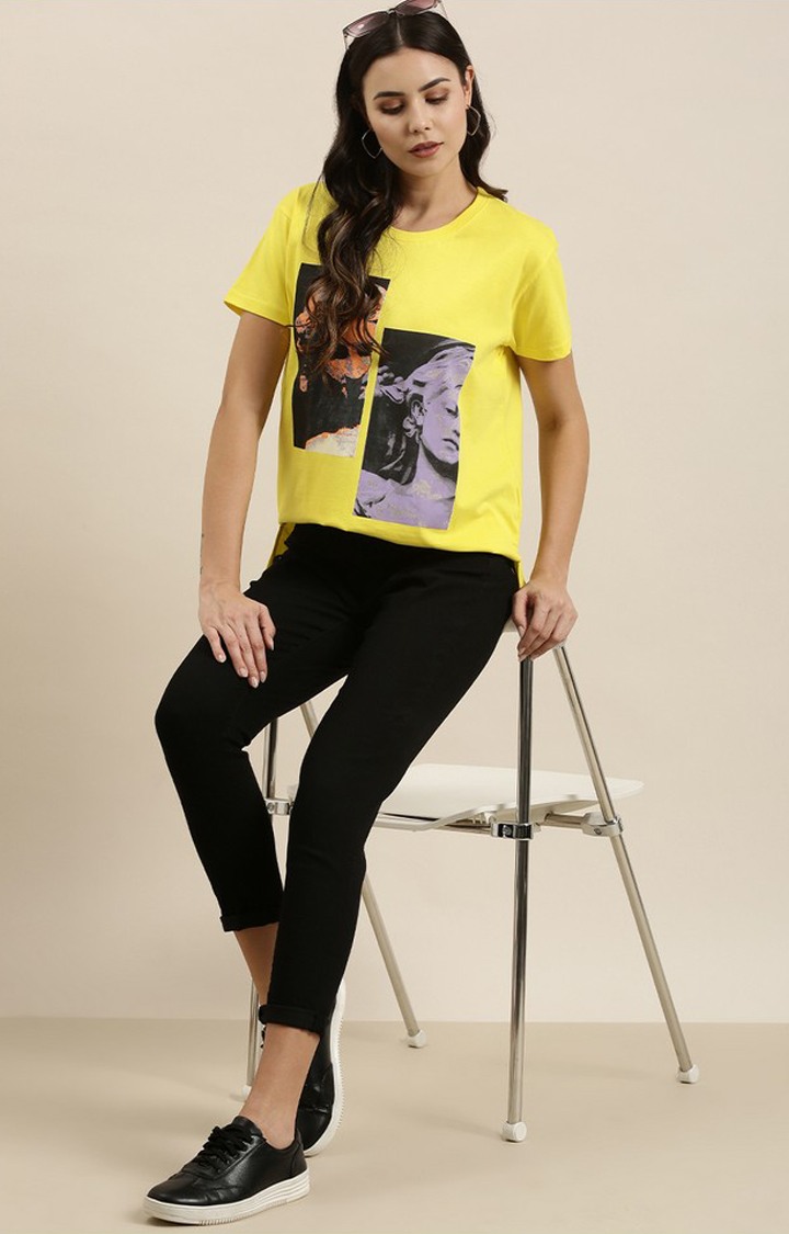 Women's Lemon Yellow Cotton Graphic Printed Oversized T-Shirt