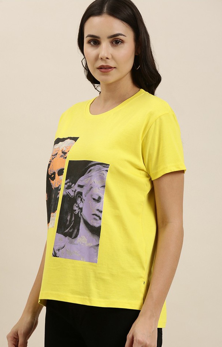 Women's Lemon Yellow Cotton Graphic Printed Oversized T-Shirt