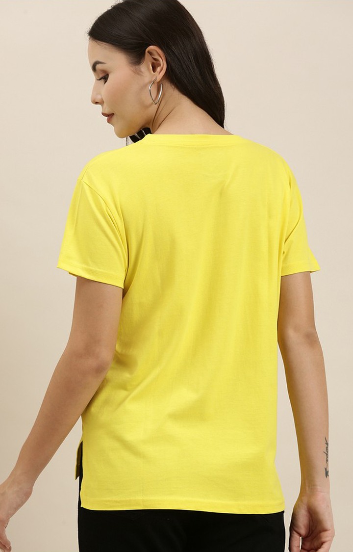 Women's Lemon Yellow Cotton Graphic Printed Oversized T-Shirt