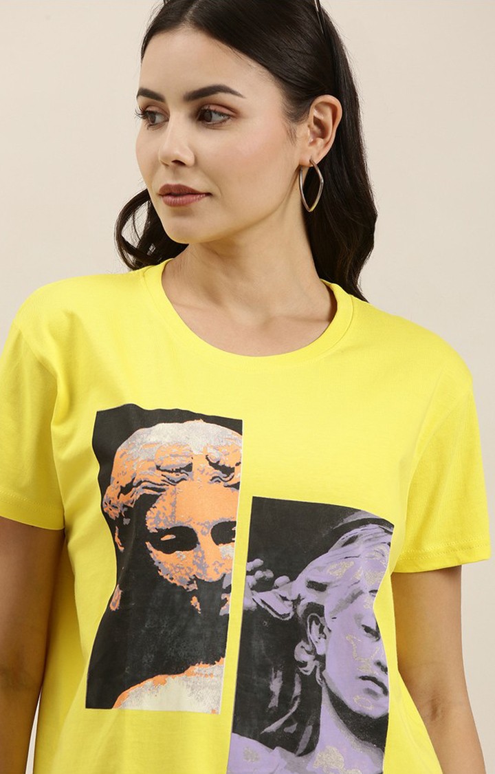 Women's Lemon Yellow Cotton Graphic Printed Oversized T-Shirt