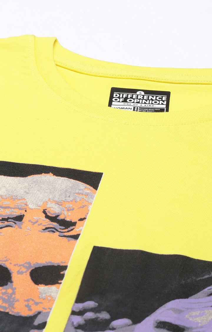 Difference of Opinion | Women's Lemon Yellow Cotton Graphic Printed Oversized T-Shirt 4