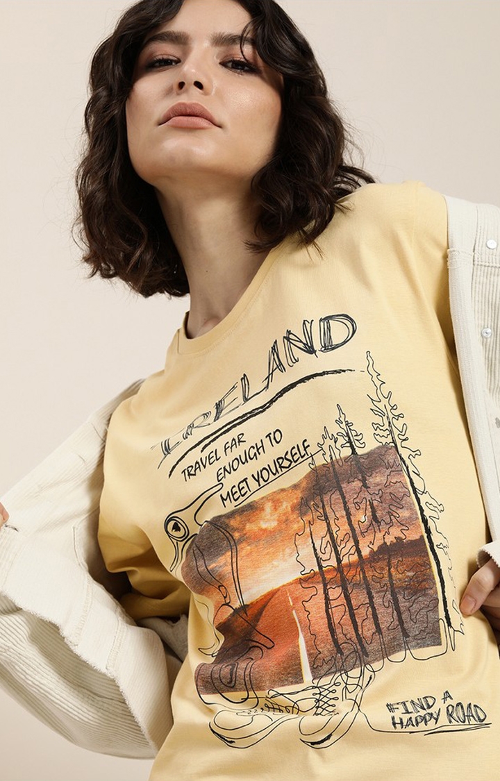 Difference of Opinion | Women's Beige Cotton Graphic Printed Oversized T-Shirt 3