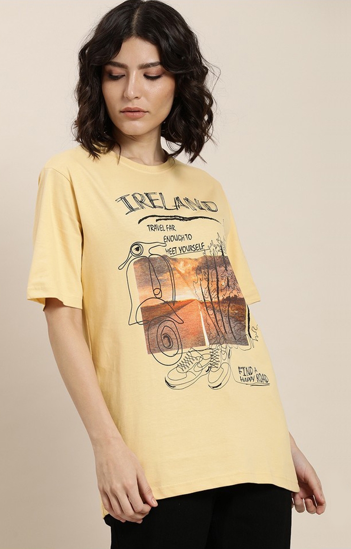 Difference of Opinion | Women's Beige Cotton Graphic Printed Oversized T-Shirt