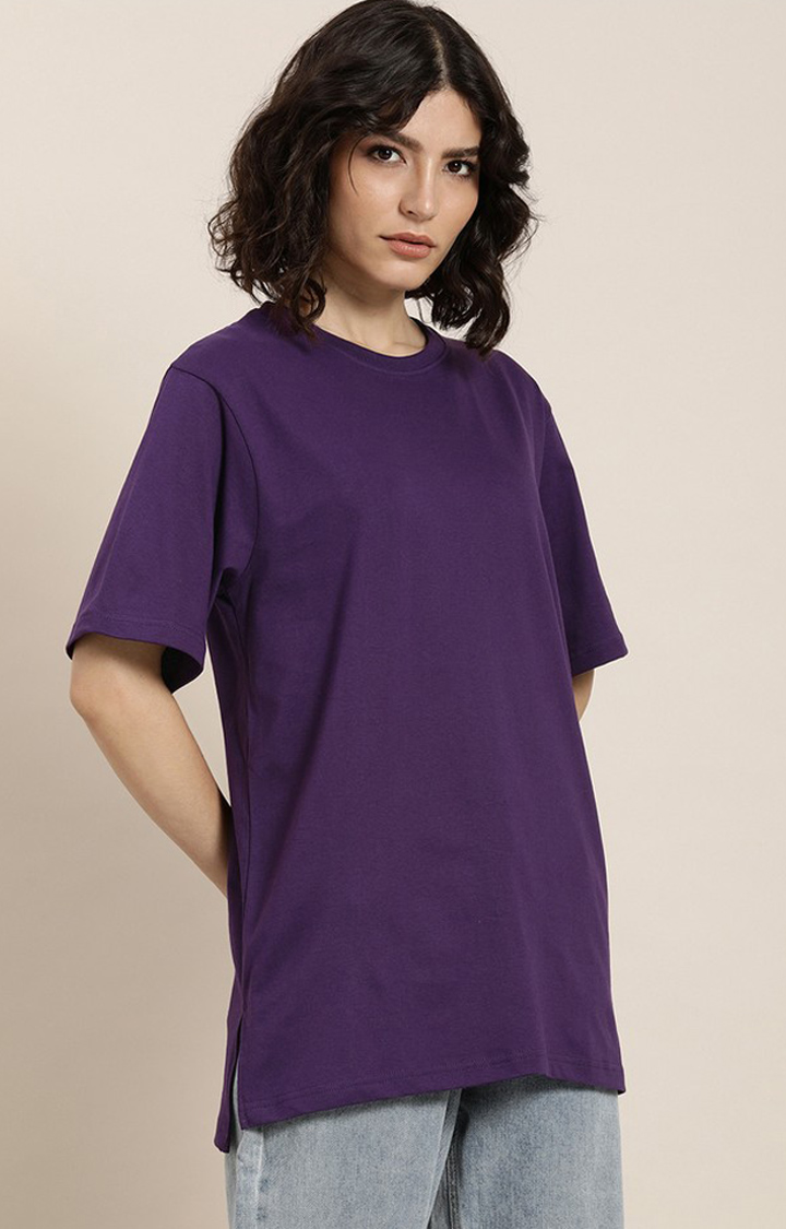 Women's Grape Royale Cotton Typographic Printed Oversized T-Shirt