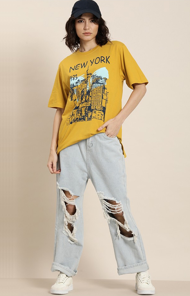 Difference of Opinion | Women's Yellow Cotton Graphic Printed Oversized T-Shirt 1