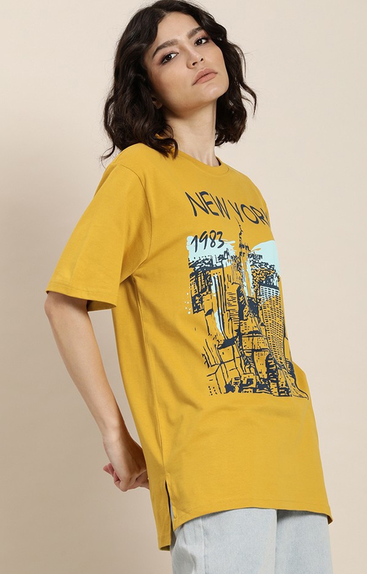 Difference of Opinion | Women's Yellow Cotton Graphic Printed Oversized T-Shirt 0