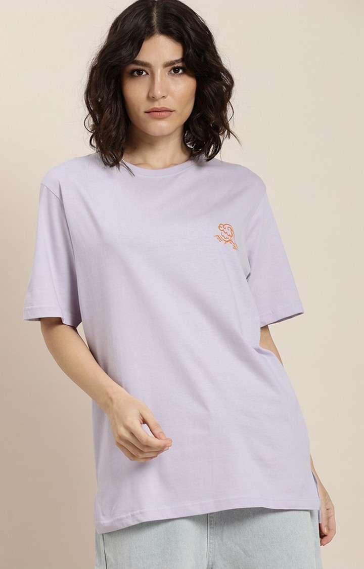 Women's Lilac Cotton Typographic Printed Oversized T-Shirt