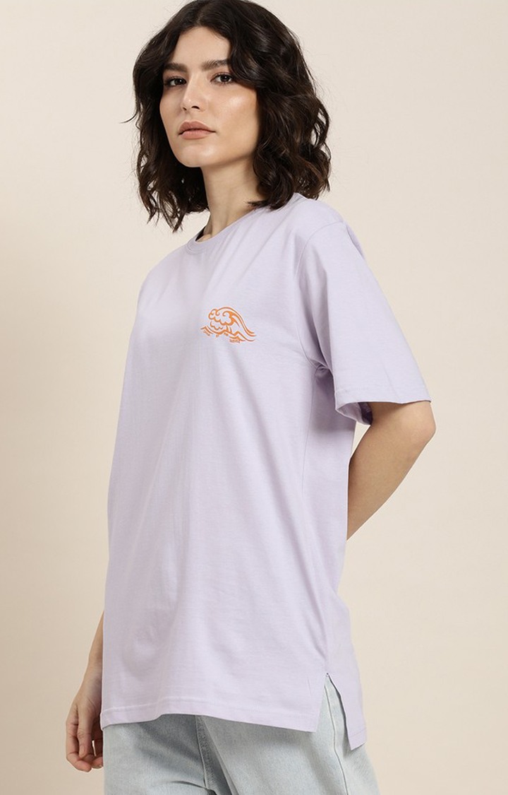 Women's Lilac Cotton Typographic Printed Oversized T-Shirt